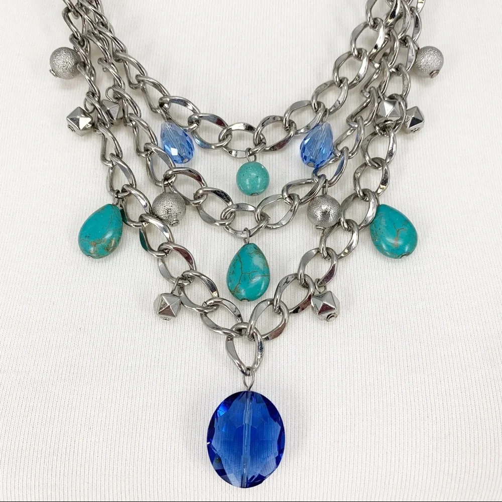 VT Luxe Blue Leather Silver Chain Multi Strand Necklace Teal‎ Crystal Statement